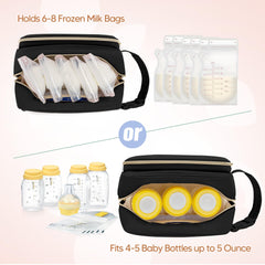 Damero cooler bag with detachable buckle handle attached to a stroller for travel.