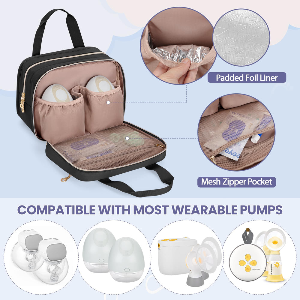 Damero wearable pump bag mesh pocket organizes pump parts for easy retrieval.