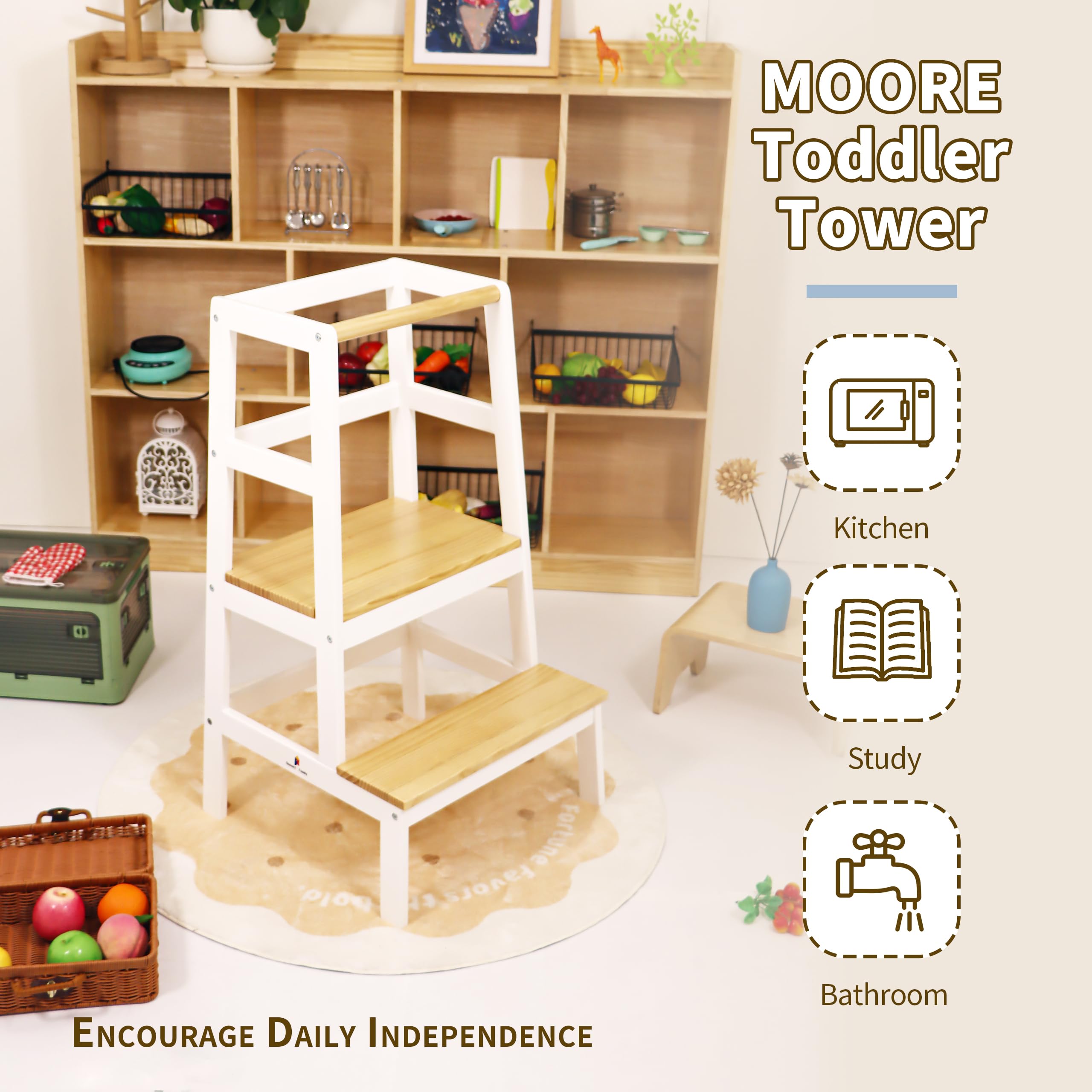 Damoch Family MOORE step stool side view highlighting compact footprint for small kitchens.