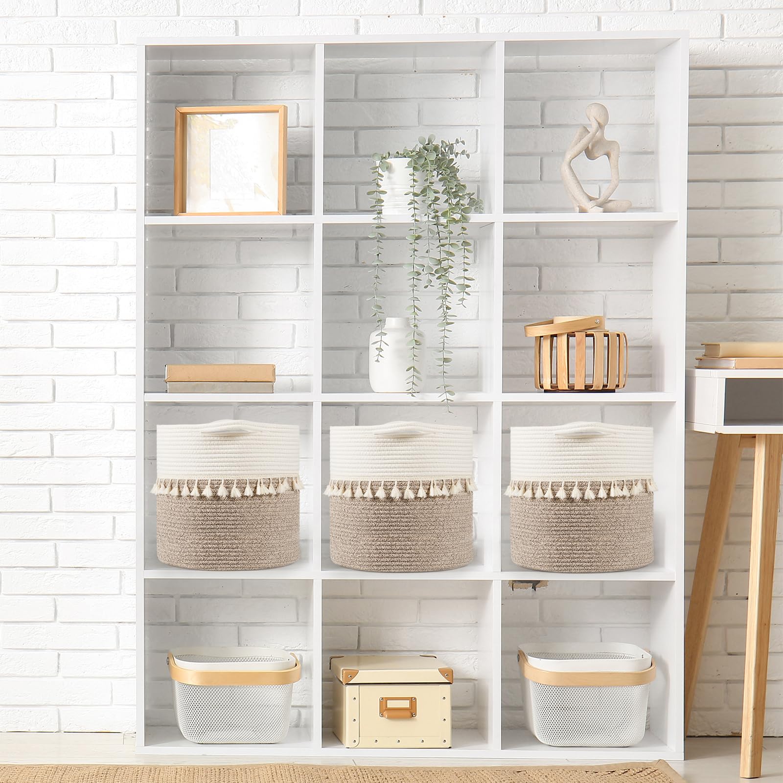 Danpinera white tassel storage basket on bedroom shelf keeps clutter down