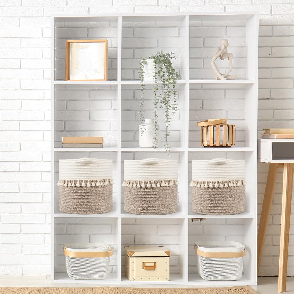 Danpinera white tassel storage basket on bedroom shelf keeps clutter down