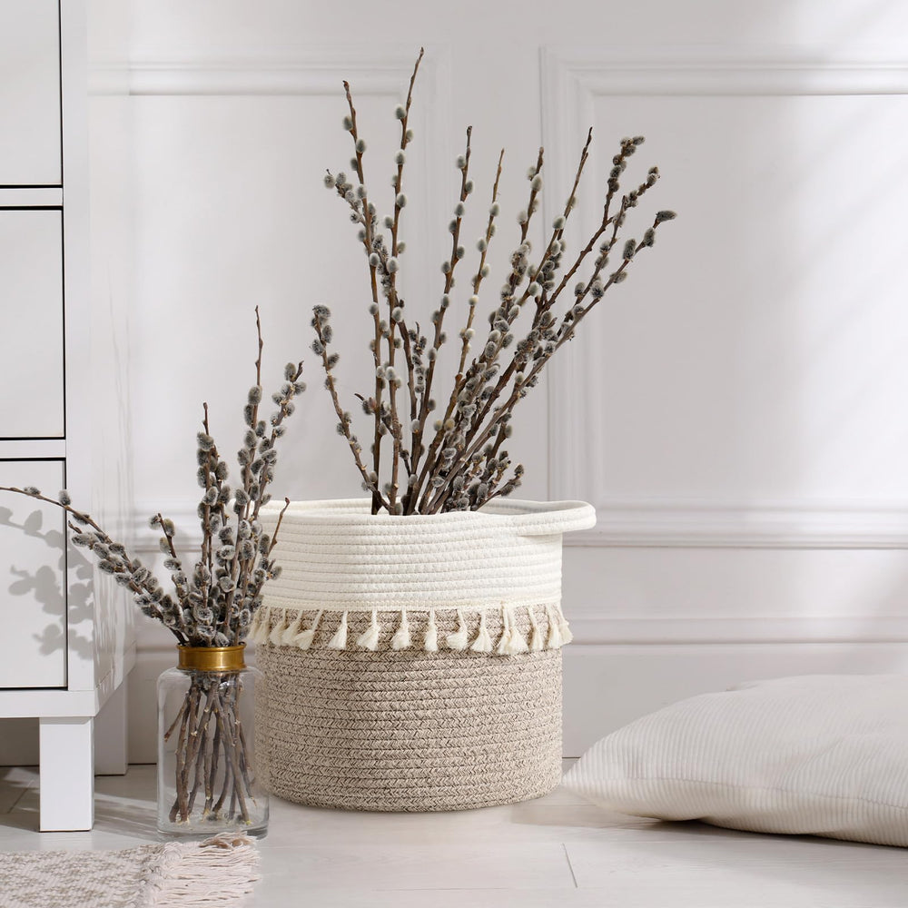 Danpinera white cotton-woven basket for bathroom toiletries and towels