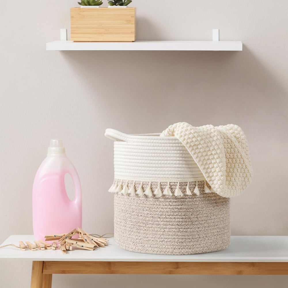 Danpinera remote and magazines organized in a white tassel basket