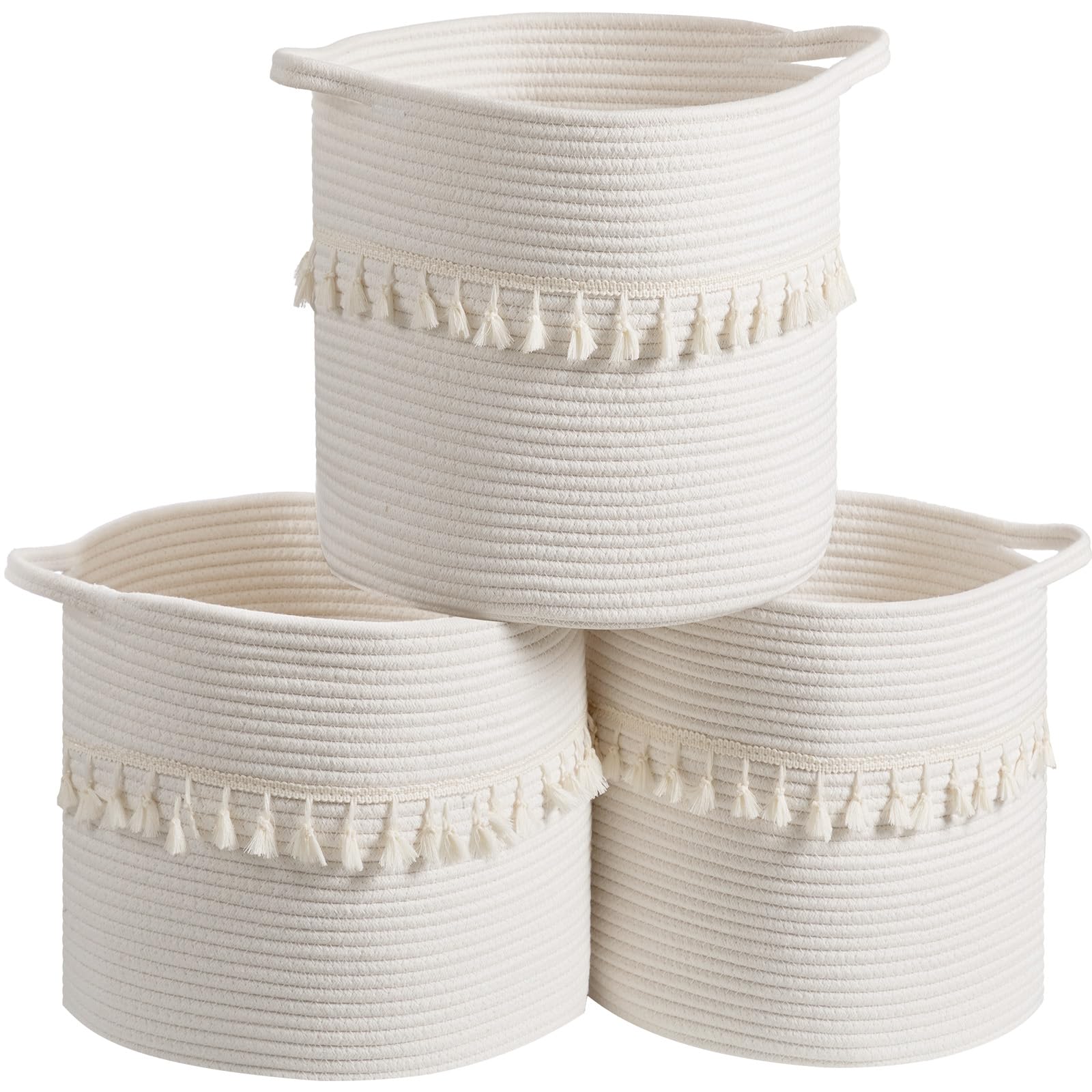 Danpinera 3-pack white round woven baskets for organizing shelves.