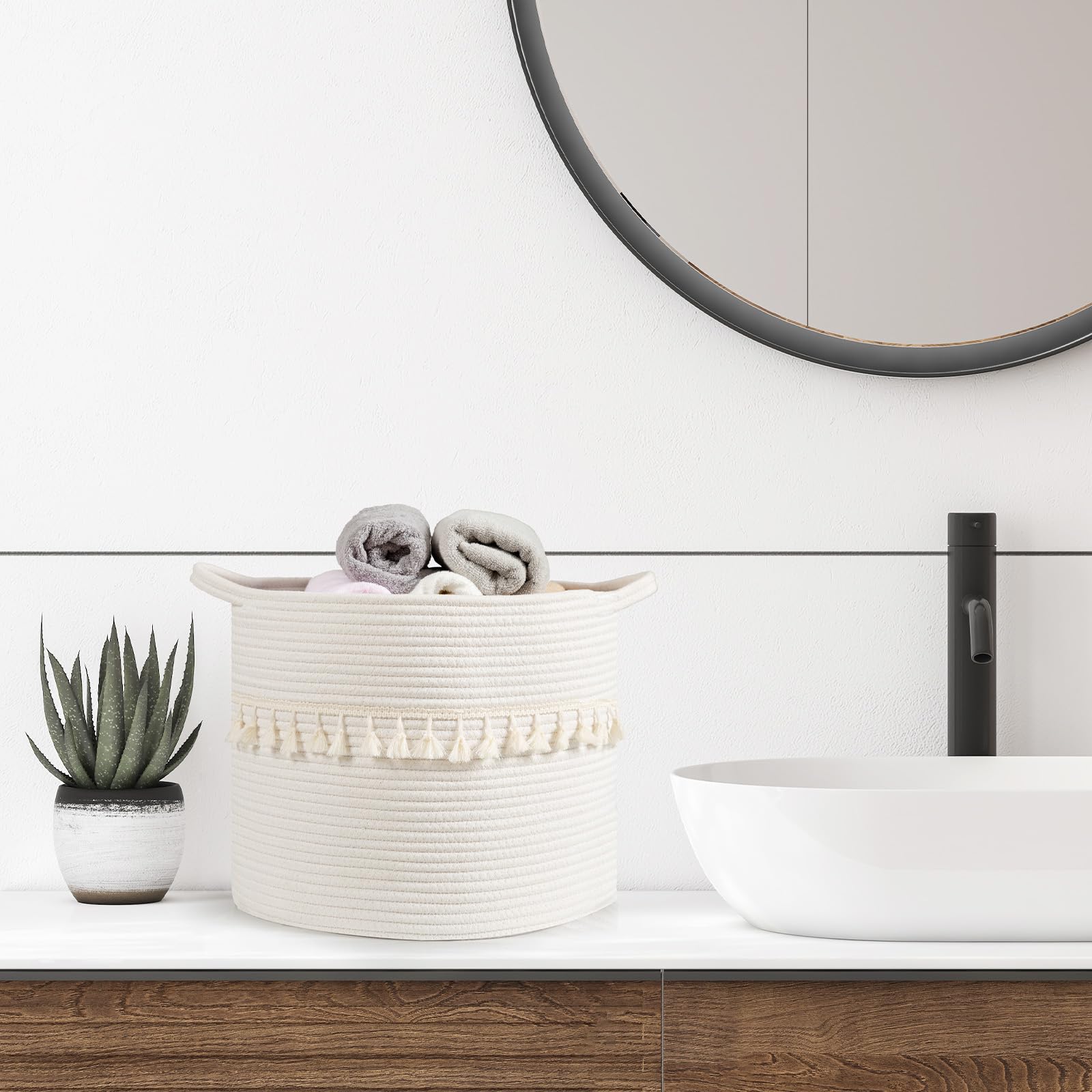 Danpinera eco-friendly cotton white round basket adds natural texture.