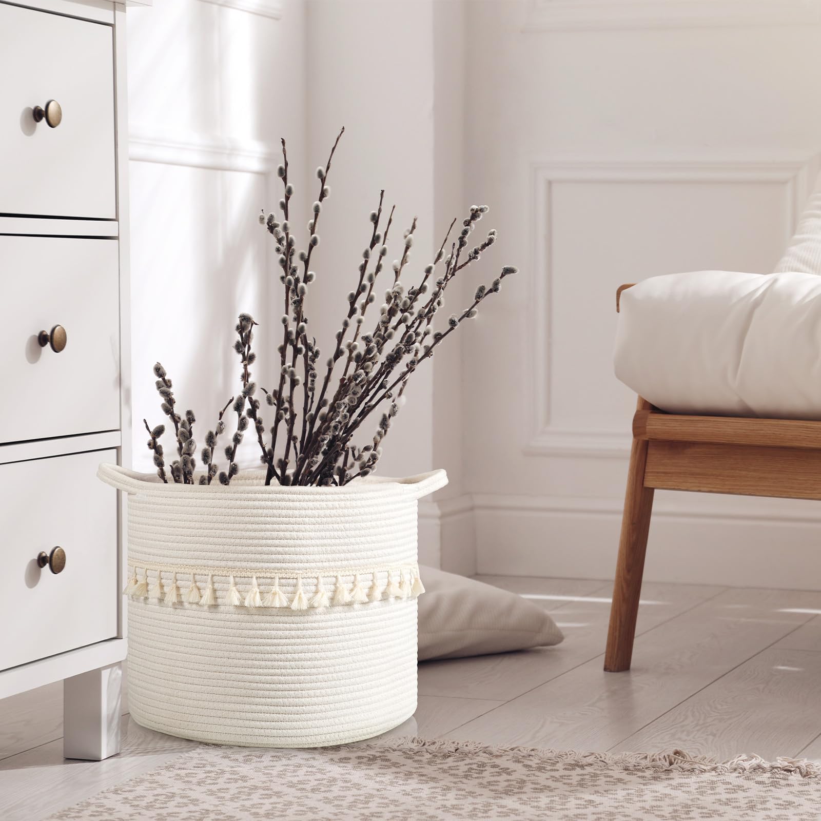Danpinera living room decor white round basket organizes remotes and snacks.