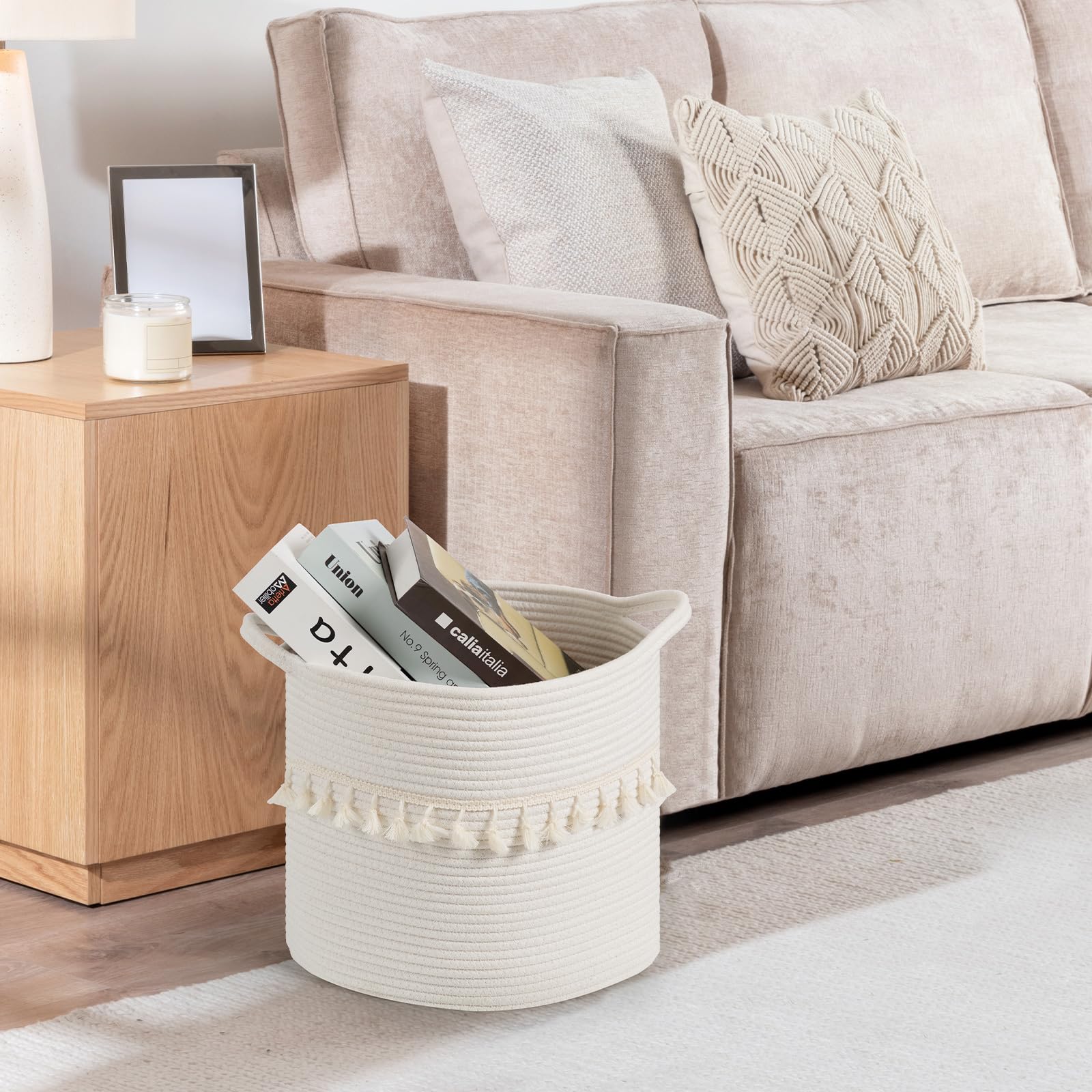 Danpinera shelf storage white round basket completes organized space.