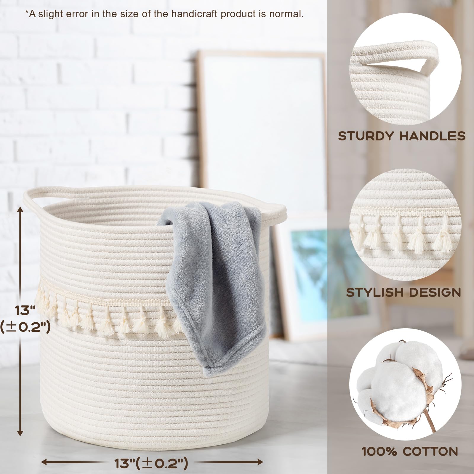 Danpinera tassel-detail white round basket enhances decor while concealing clutter.