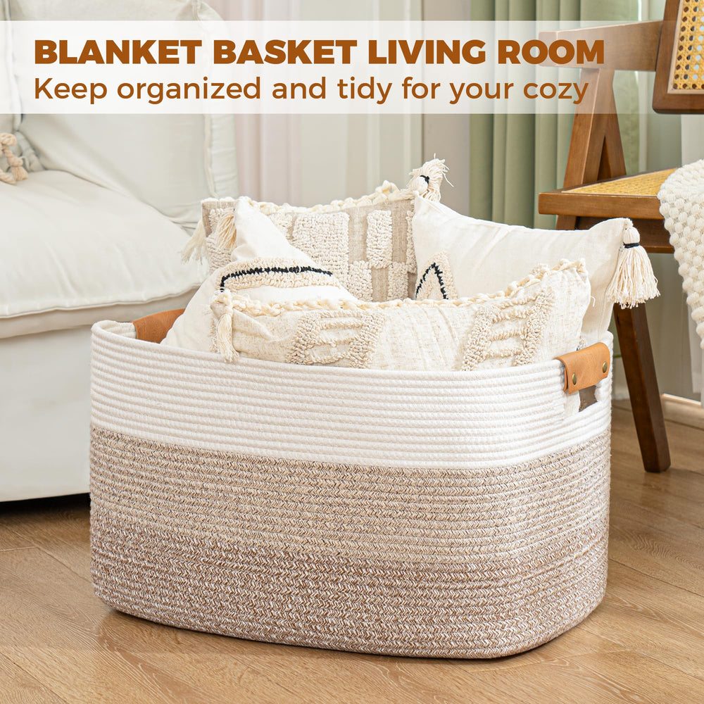 Towels neatly stored in Danpinera blanket basket for bathroom