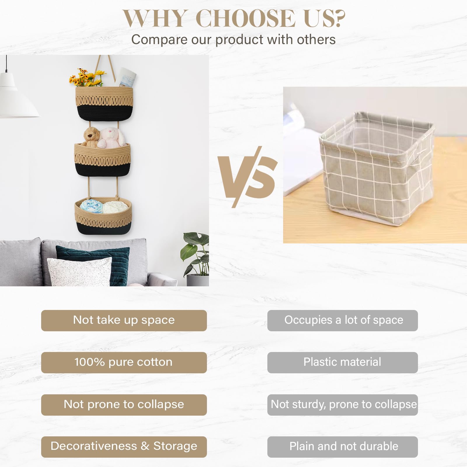 The danpinera durable cotton rope baskets endure daily use while organizing items.