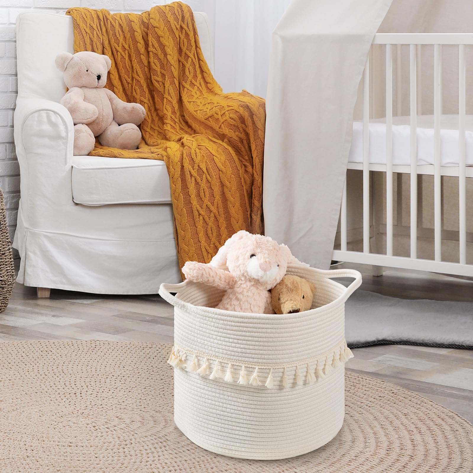 Danpinera round storage basket in living room organizing magazines and remote controls.