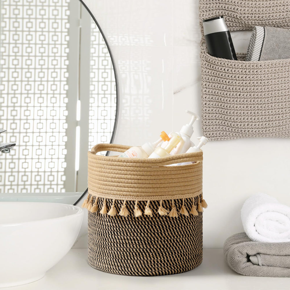 Danpinera round storage basket 11x11 in mustard fits small spaces.