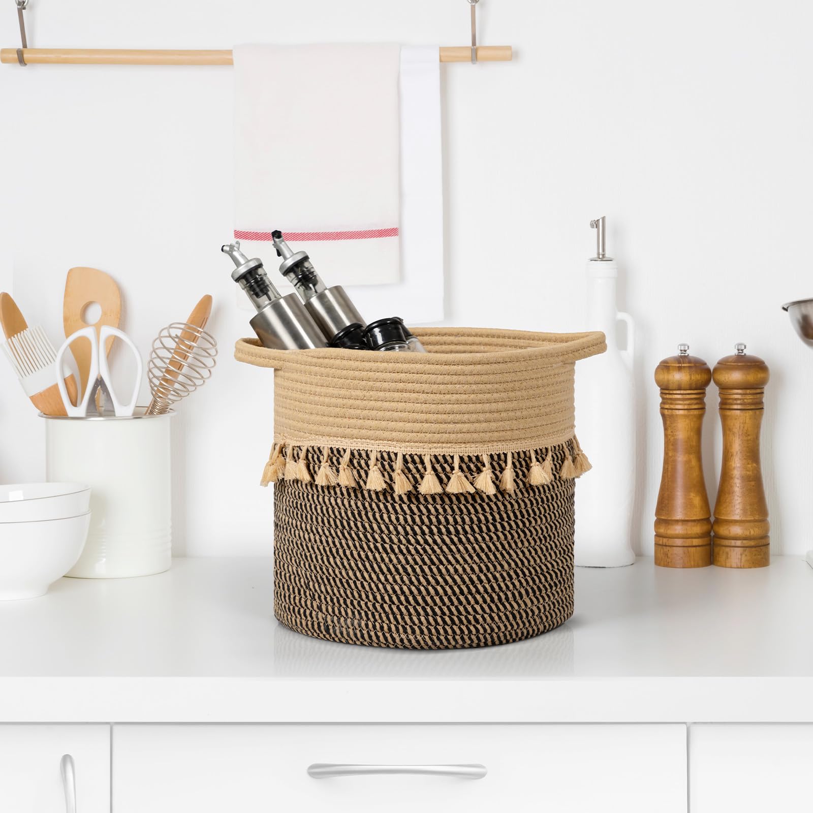 Danpinera round storage basket 11x11 in teal stores remote controls neatly.