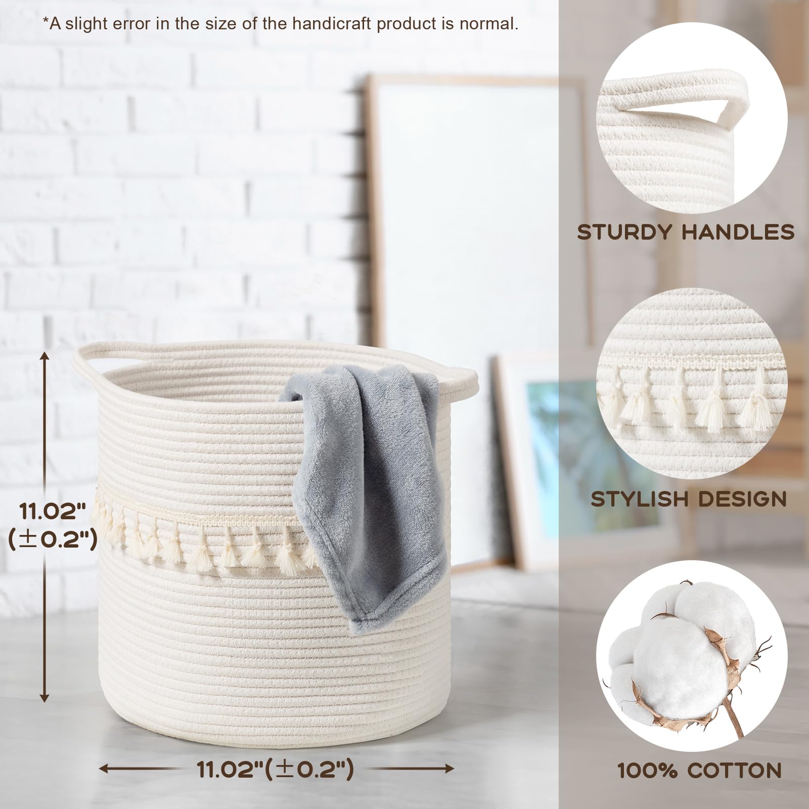 Danpinera white rope basket close-up highlighting sturdy handles for easy lifting.