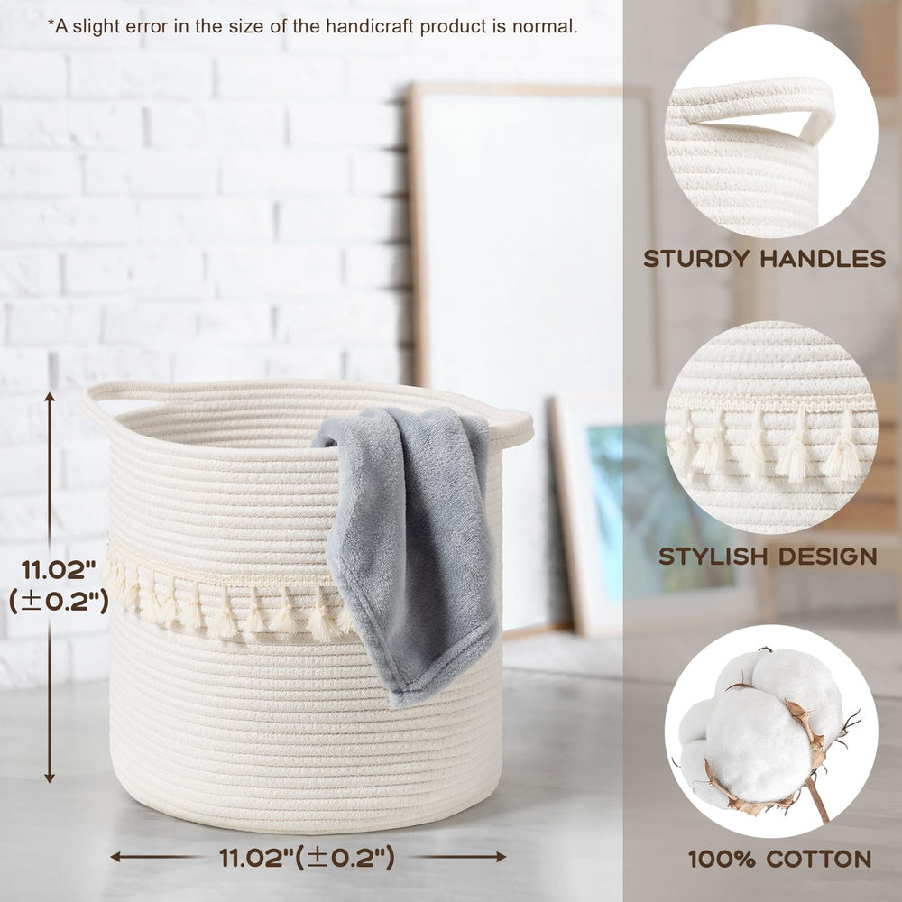 Danpinera white rope basket close-up highlighting sturdy handles for easy lifting.