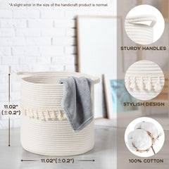 Danpinera white rope basket close-up highlighting sturdy handles for easy lifting.