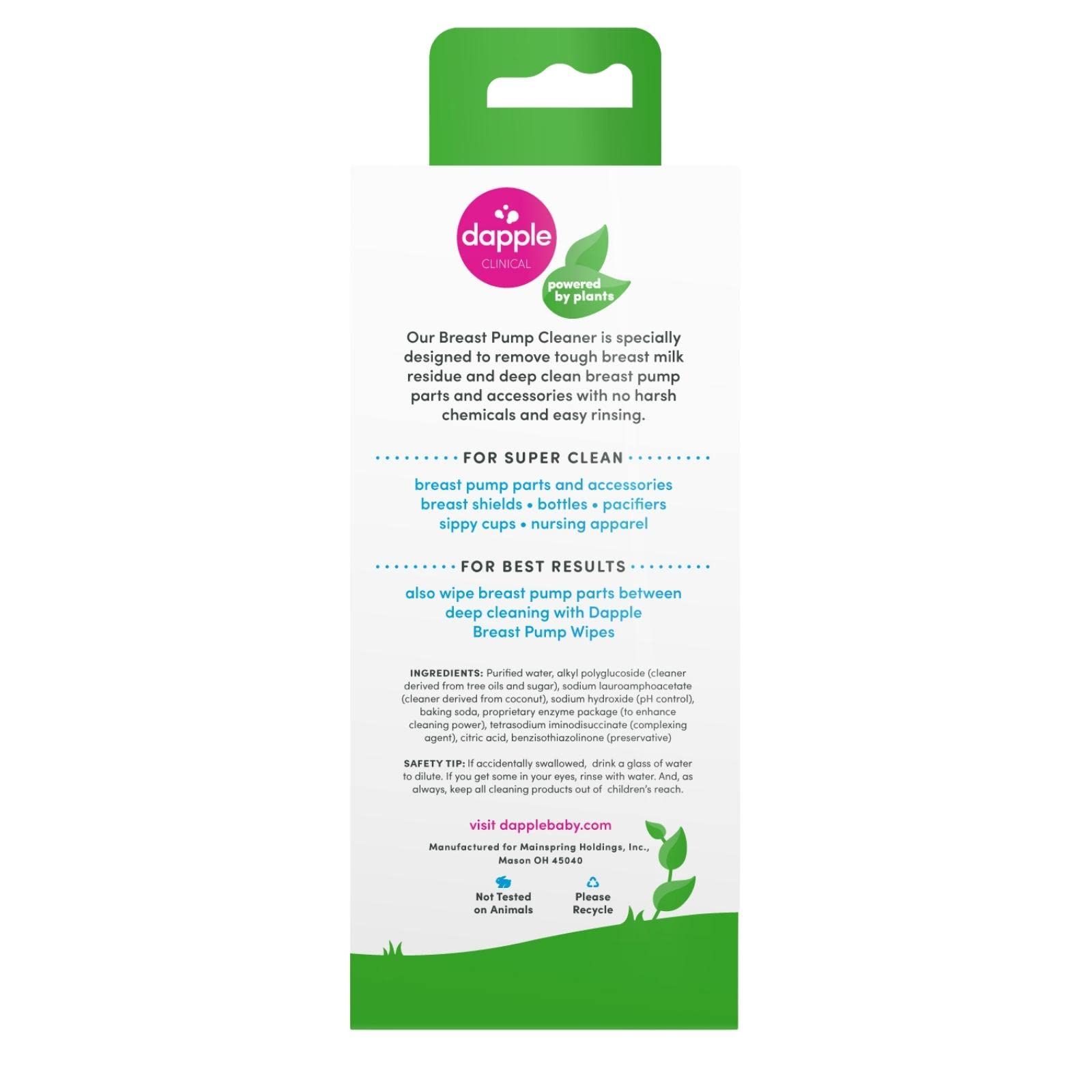 Dapple plant-based cleaning formula for pump parts and accessories.