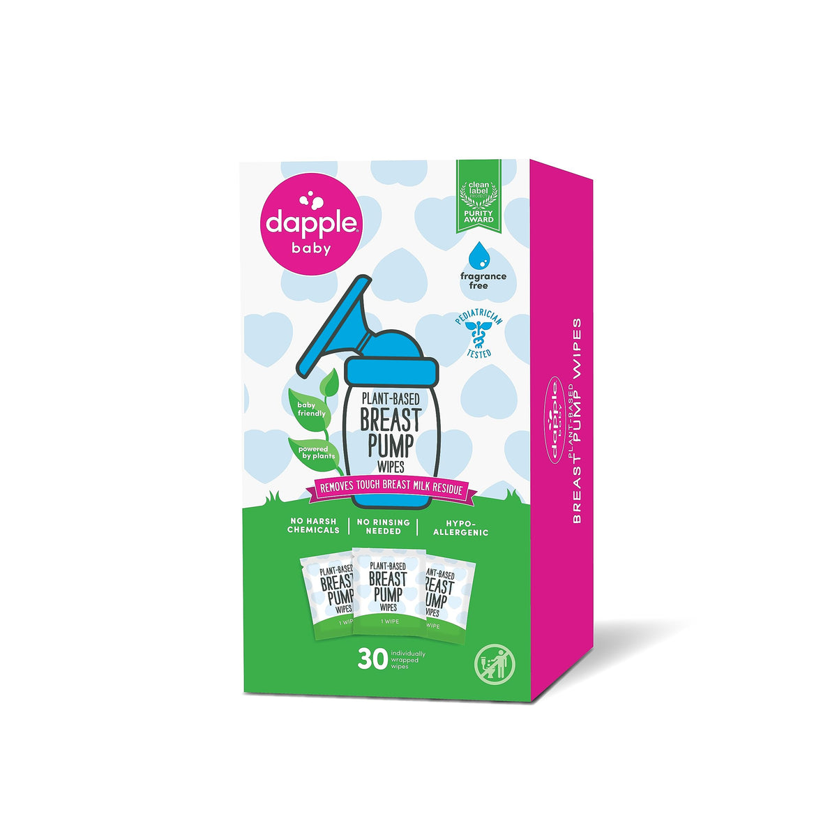 Dapple Breast Pump Wipes Singles front-pack image showing fragrance-free plant-powered cleaning for pump parts