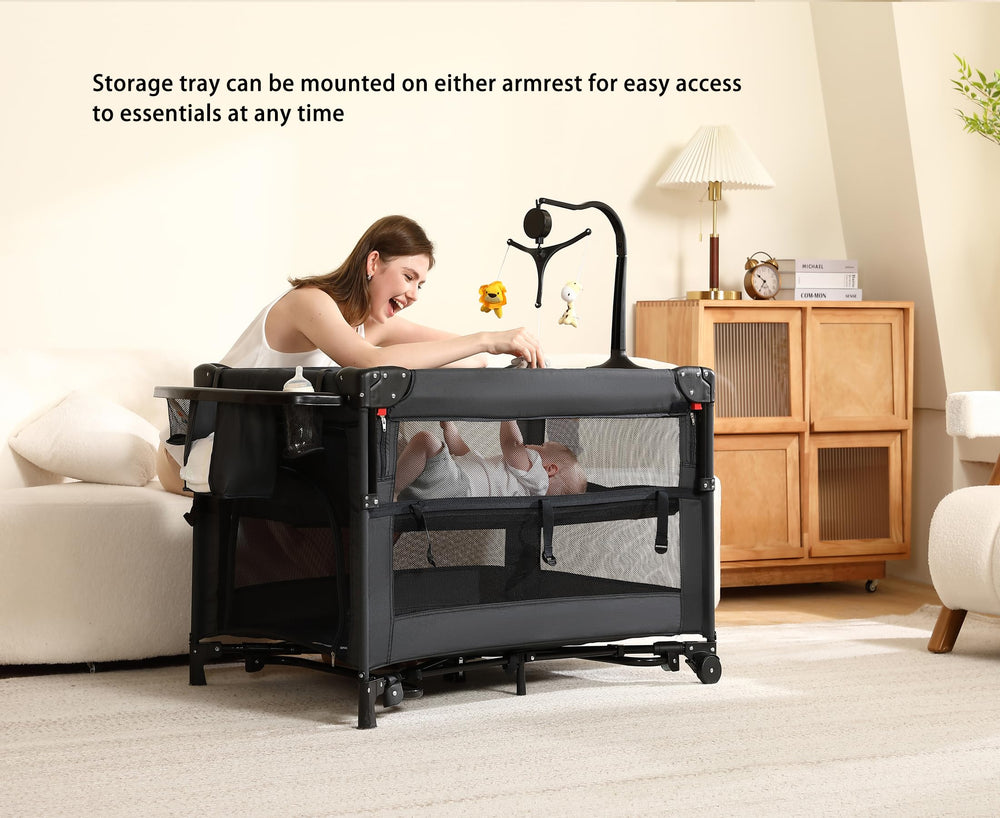 Dapue portable crib beside sleeper for easy overnight transitions