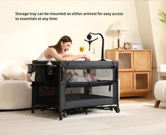 Dapue portable crib beside sleeper for easy overnight transitions