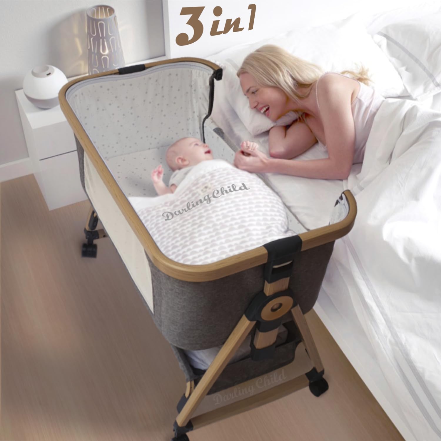 Darling Child bassinet with wheels beside the bed for easy reach.