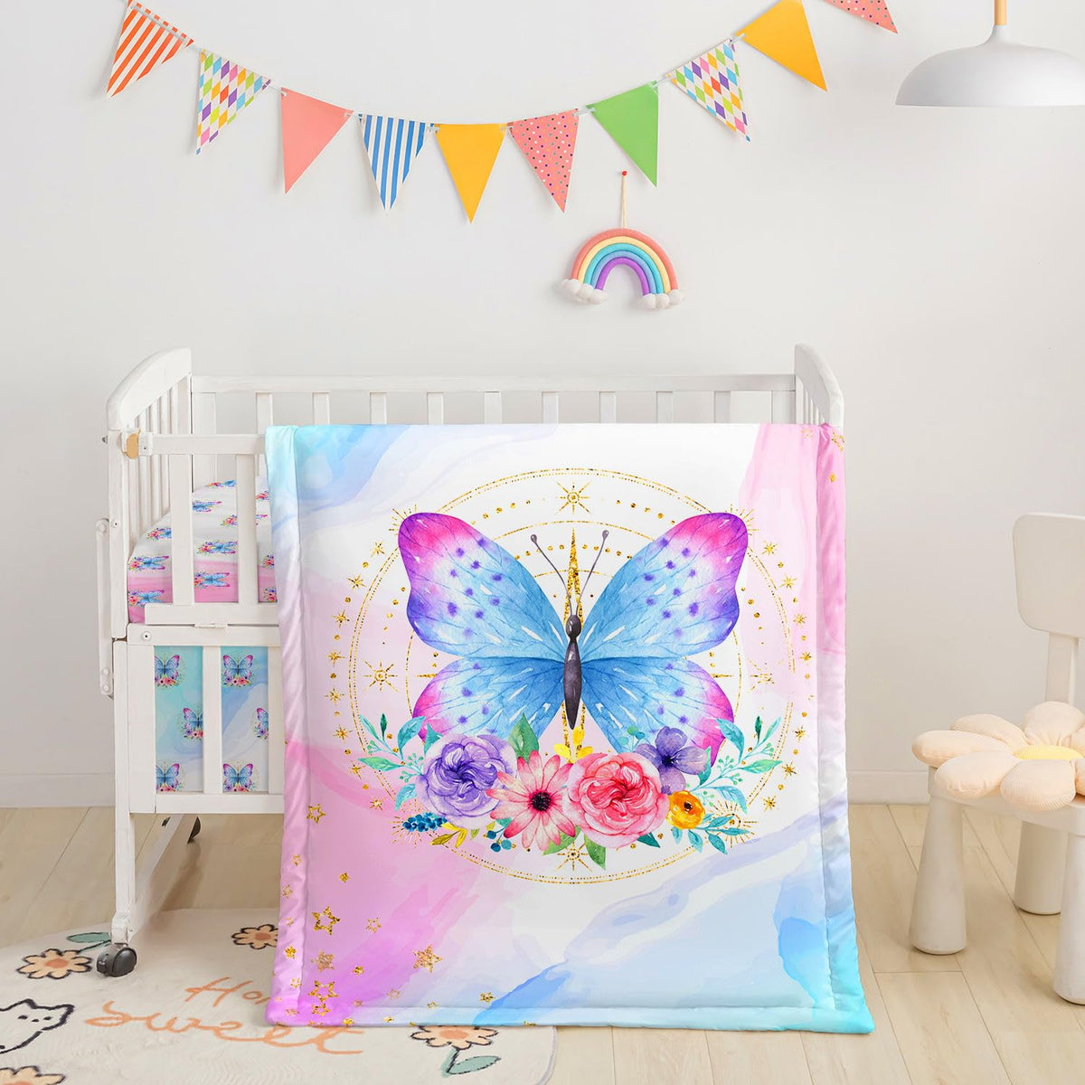 Datura Home crib bedding comforter in butterfly design, soft and cozy for nap time.