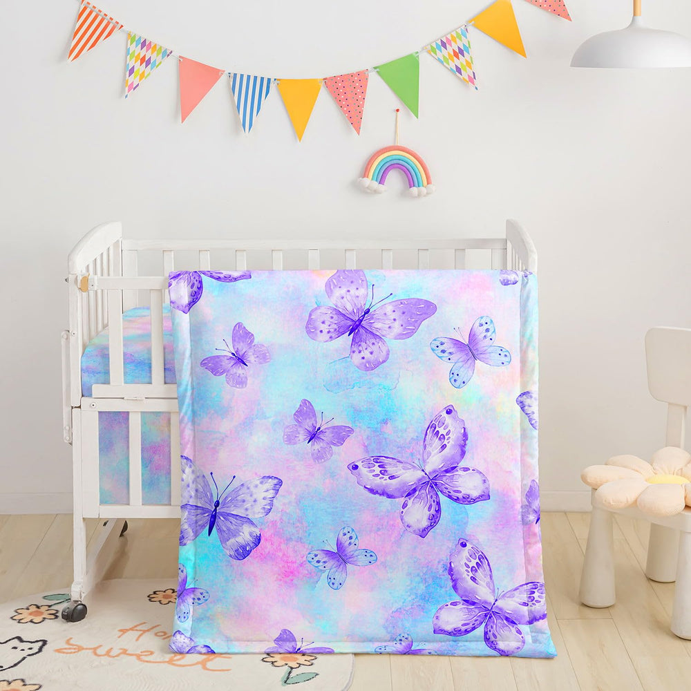 Datura Home crib bedding set comforter in watercolor butterfly purple for cozy naps