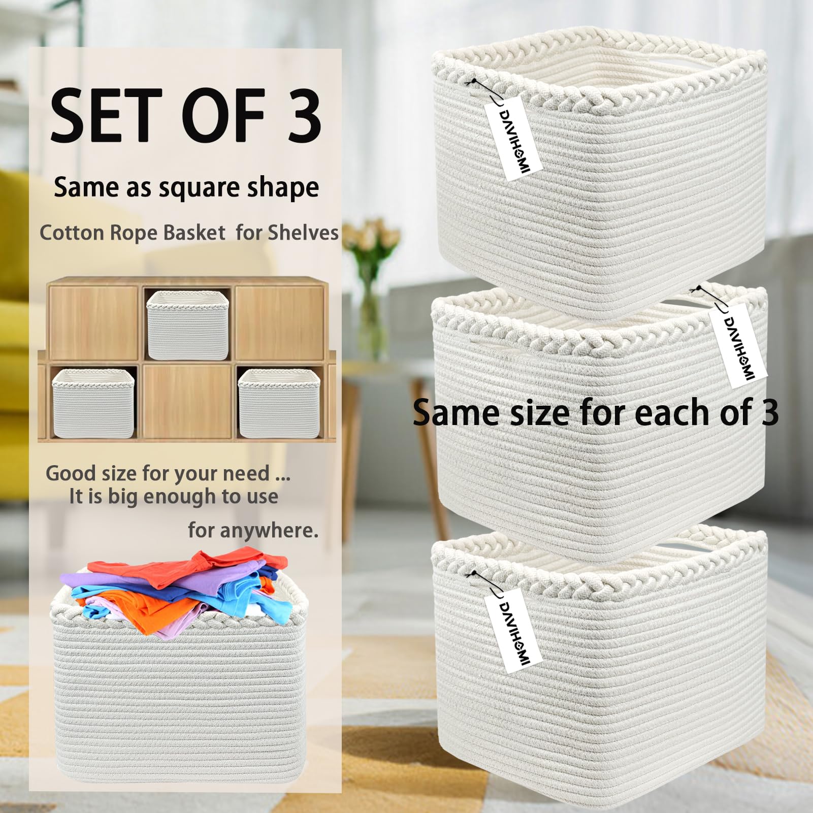 DAVIHOMI rope basket on shelf offering versatile home organization.