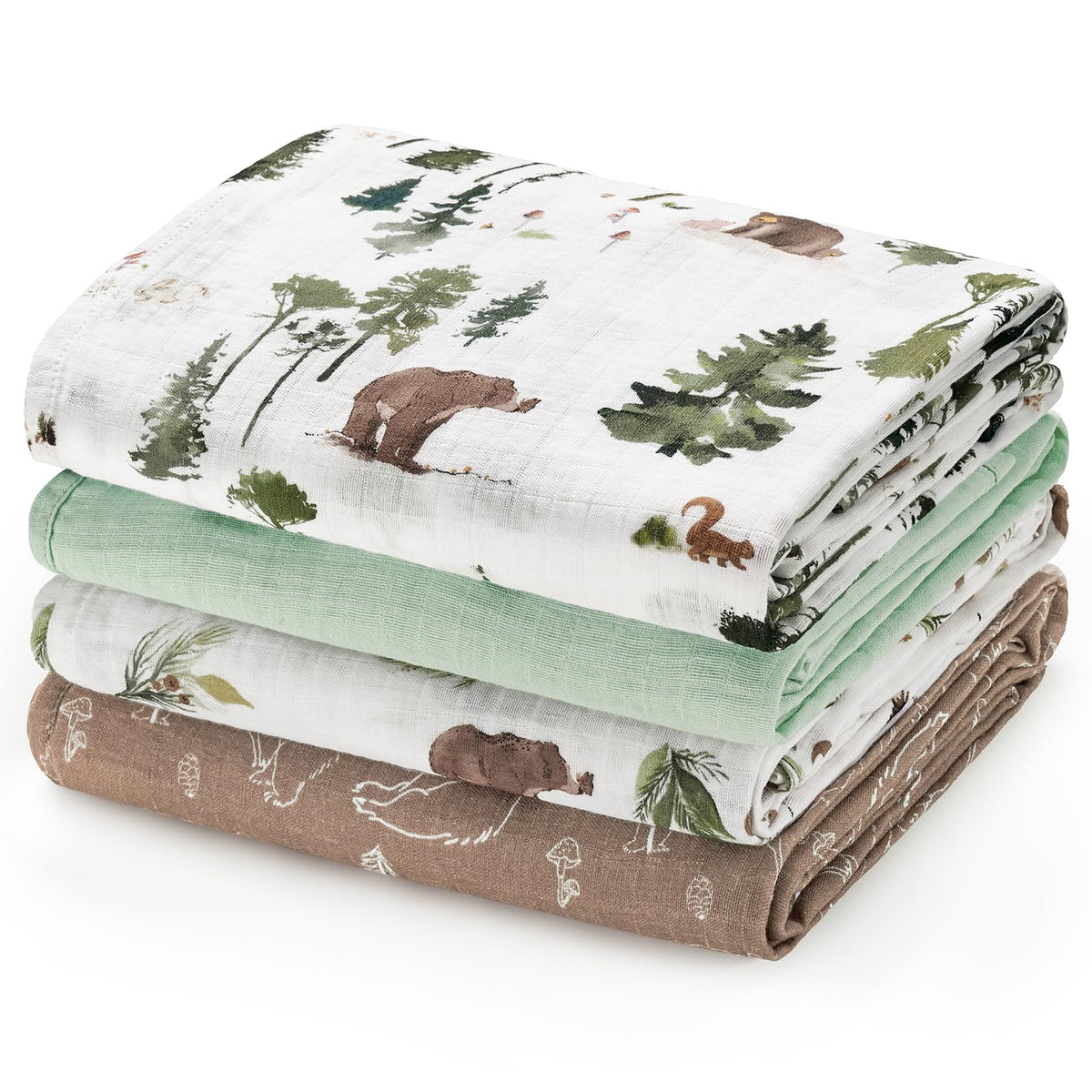 David's Kids baby muslin swaddle with woodland animals pattern offering gentle, breathable wrap for newborns