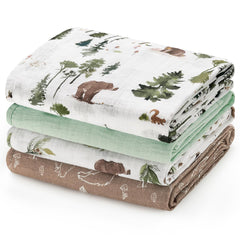 David's Kids baby muslin swaddle with woodland animals pattern offering gentle, breathable wrap for newborns