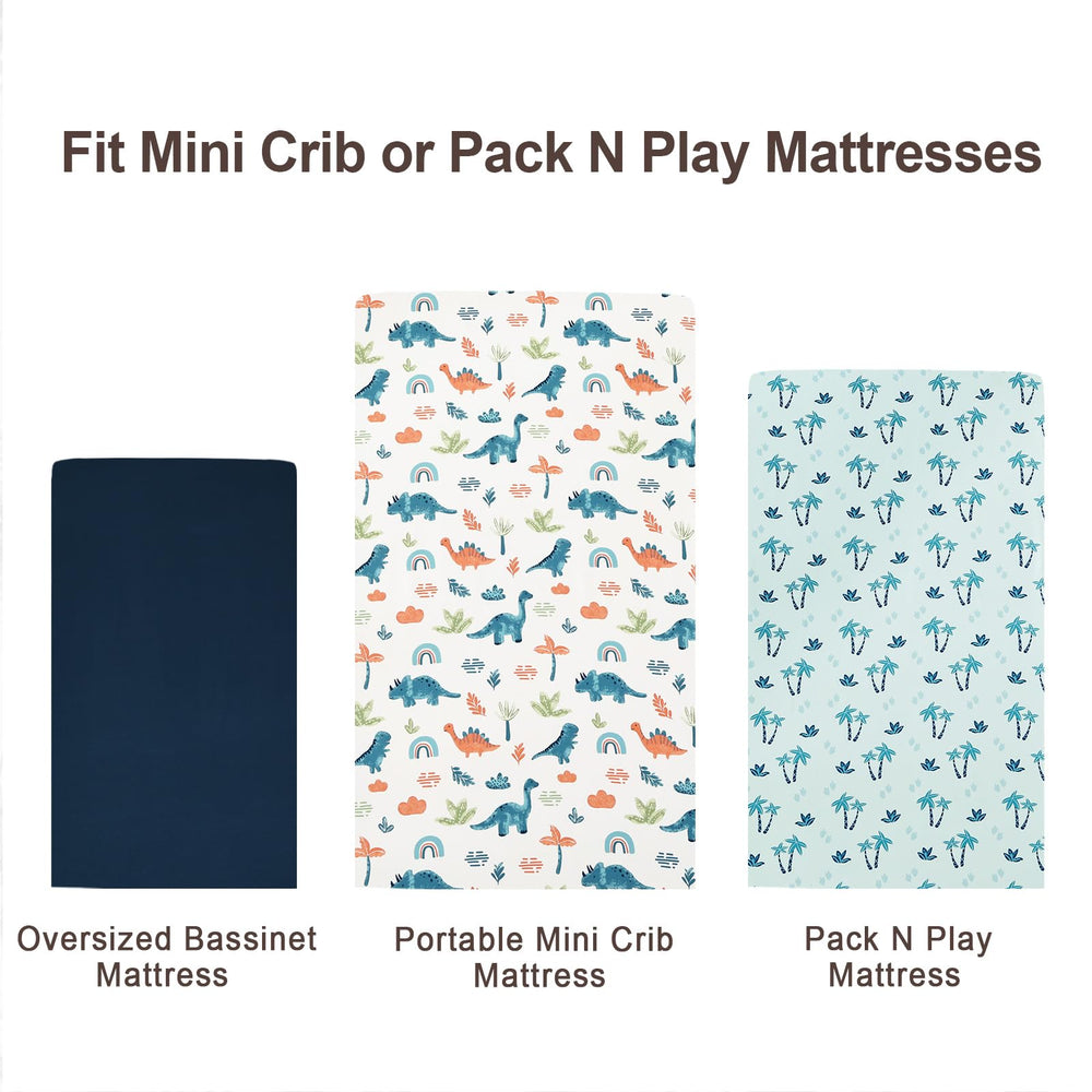 David's Kids dinosaur blue design complements playards and mini cribs alike