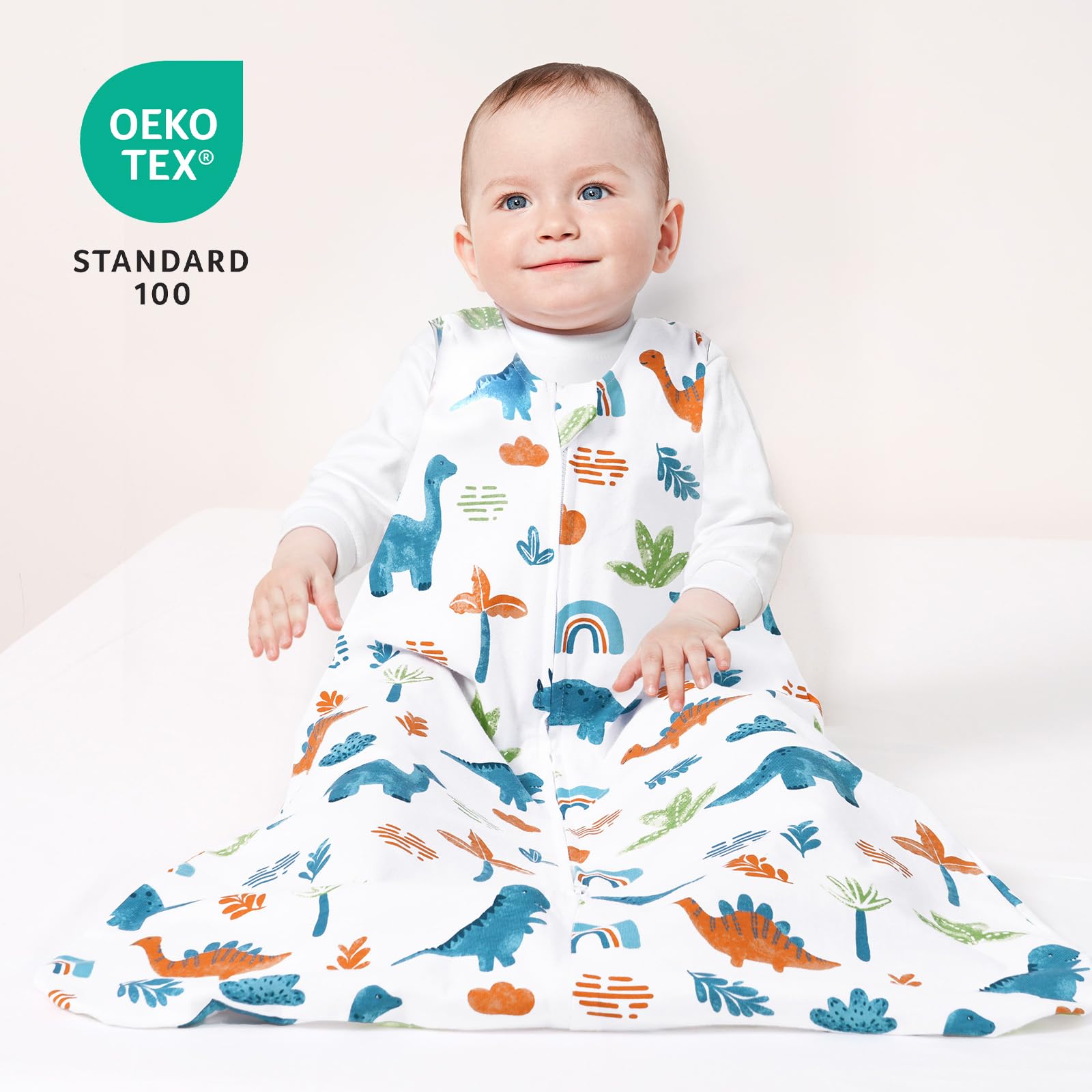 David's Kids dinosaur sleep sack 2way zipper enables quick diaper changes.