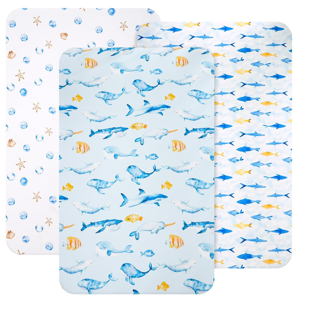 David's Kids mini crib sheets in whale pattern, soft and cozy for baby.