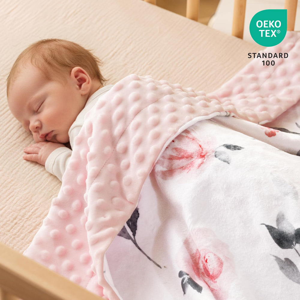 David's Kids Minky blanket woodland animals design keeps baby cozy on trips.