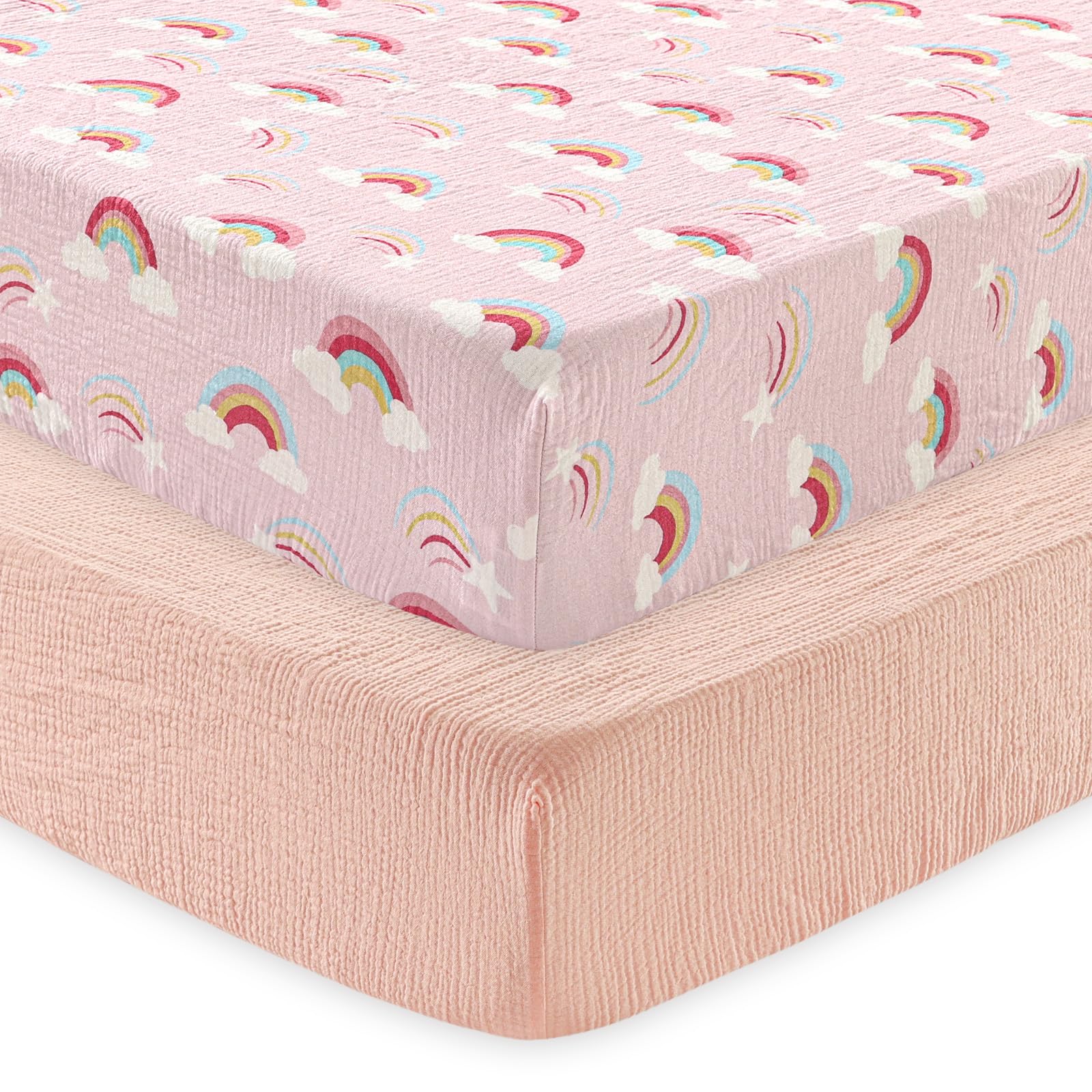 David's Kids rainbow muslin crib sheets closeup of breathable weave
