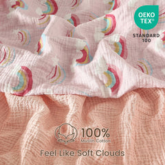 David's Kids rainbow muslin sheets securely fit a standard crib mattress