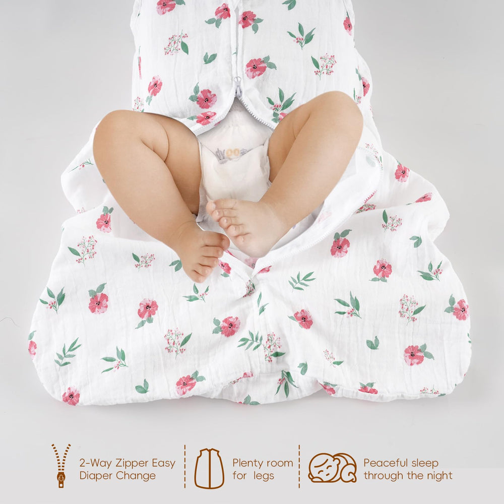 David's Kids floral muslin sleep sack on display with OEKO-TEX certification.