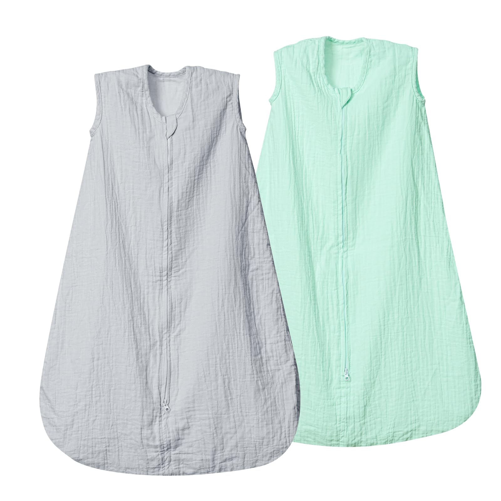 David's Kids muslin sleep sack in grey and green, front view, breathable bedtime comfort