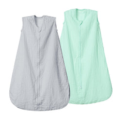 David's Kids muslin sleep sack in grey and green, front view, breathable bedtime comfort