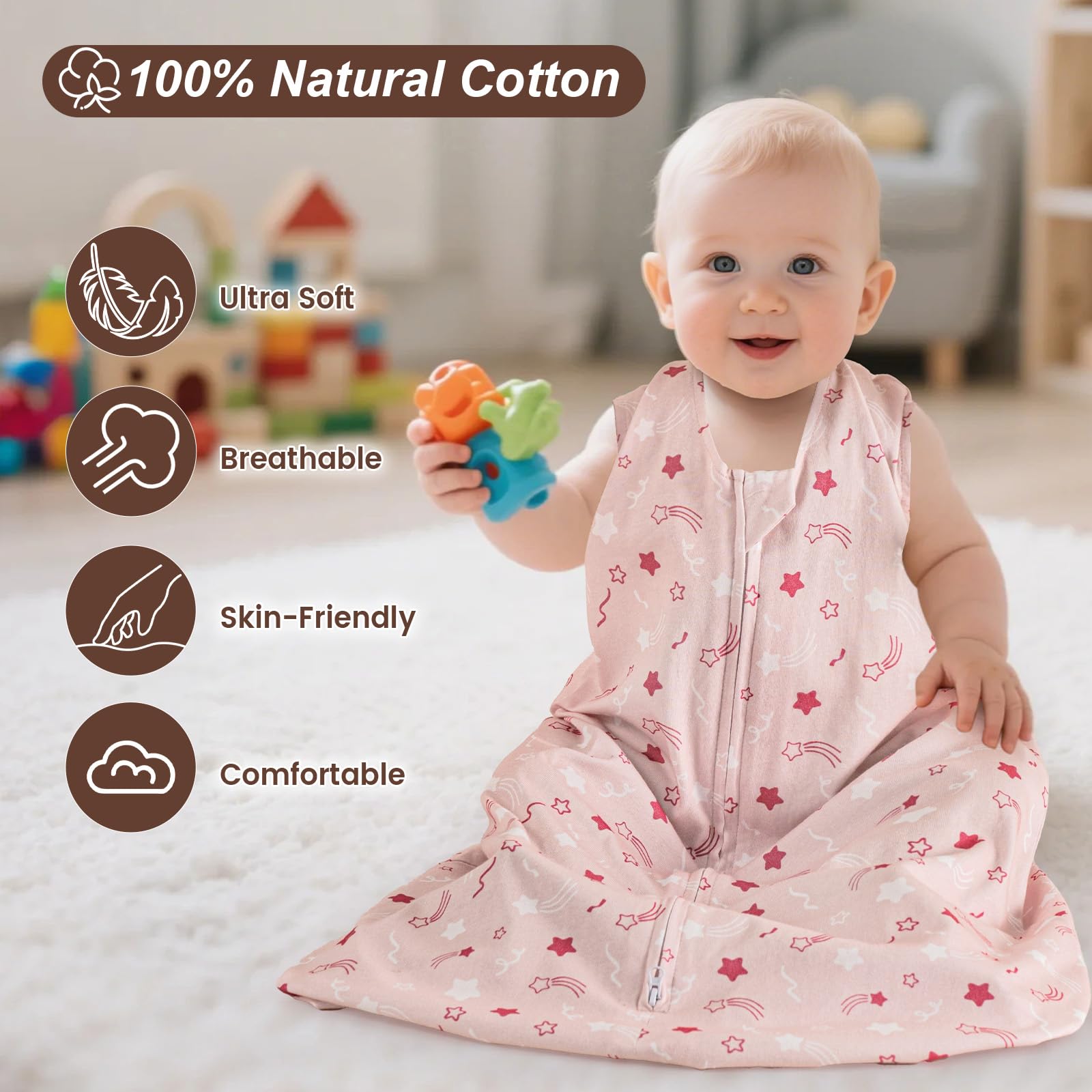 David's Kids roomy sleep sack shows extra leg room and sleeveless design