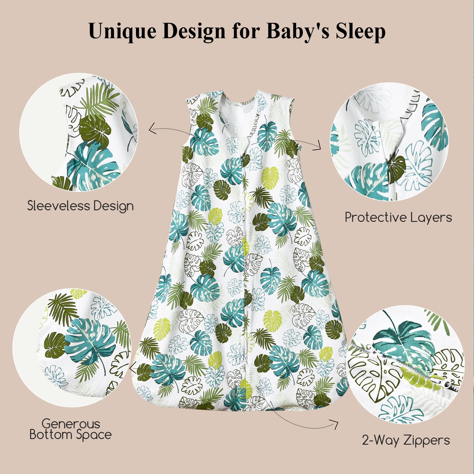 David's Kids sleep sack size chart highlights S-XL options for growing toddlers.