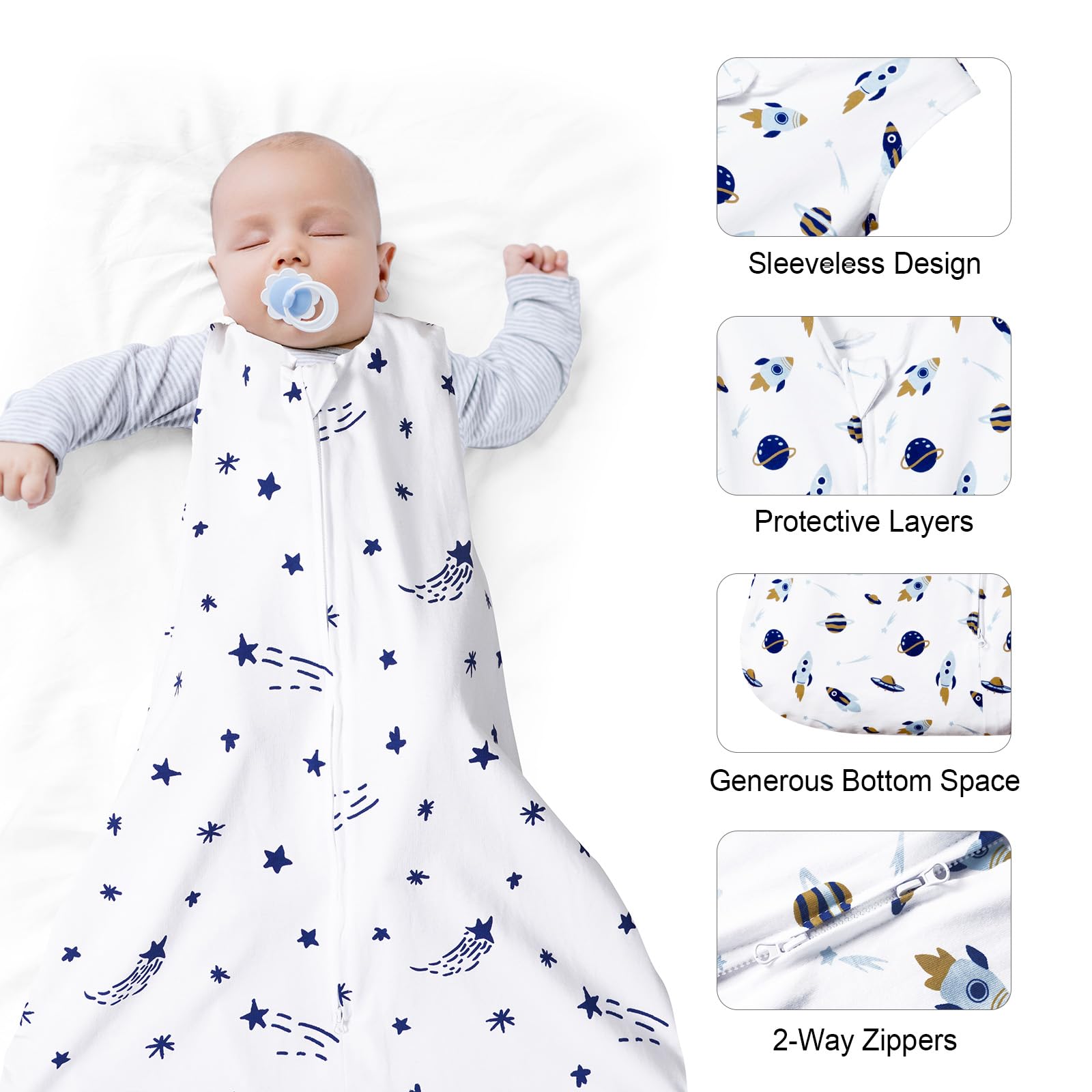 David's Kids sleep sack sleeveless design aids arm movement and easier rolling.