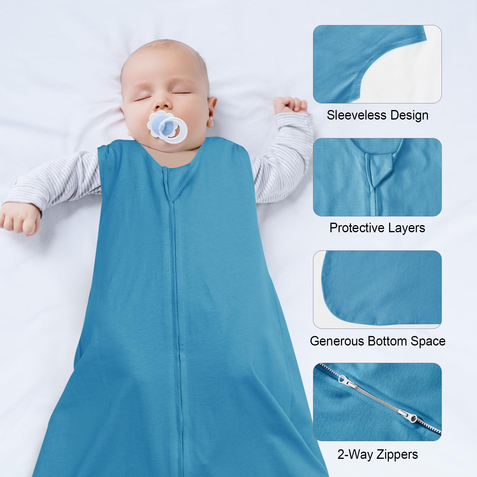 Sleeveless design enables free arm movement for rolling and sleeping.