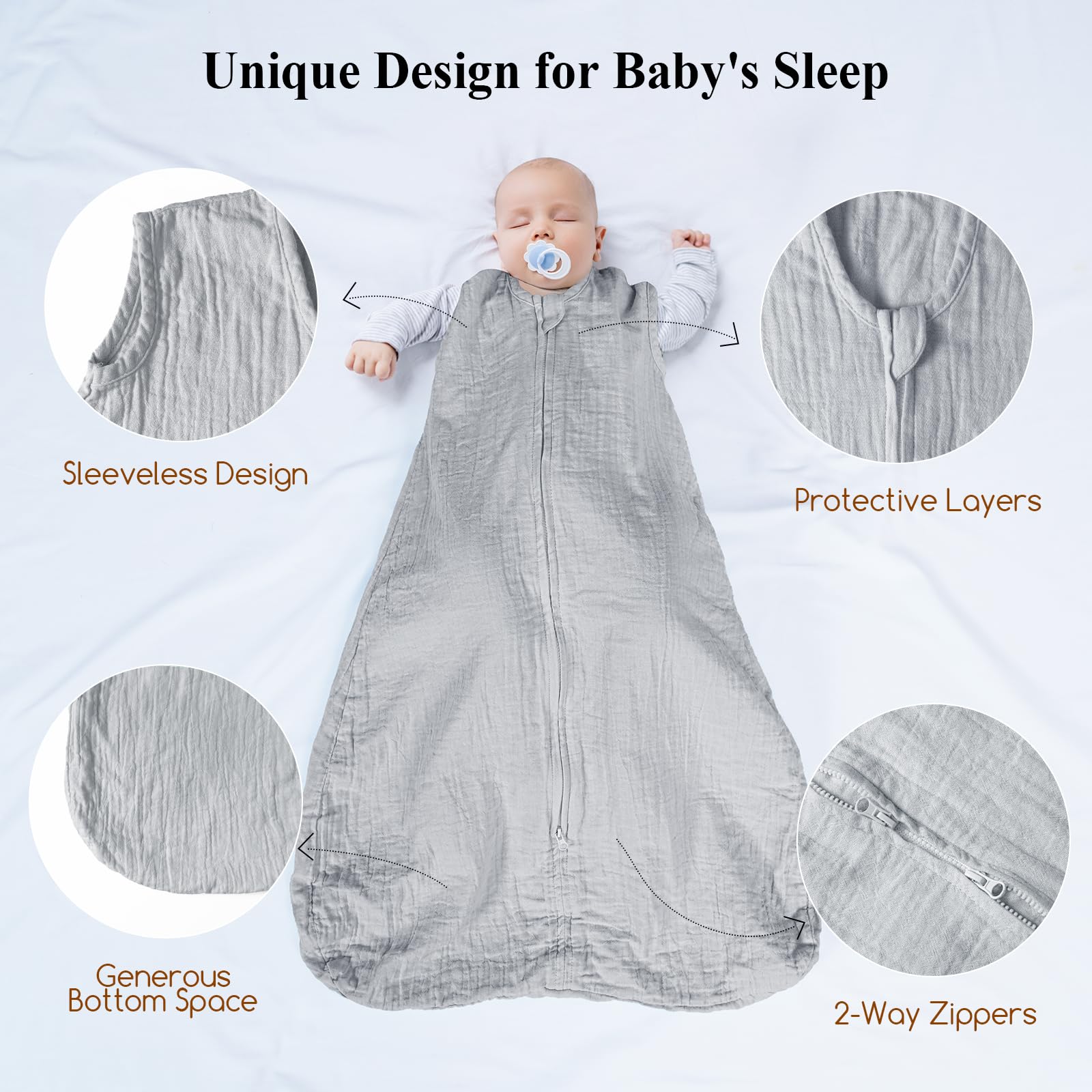 Sleeveless design of David's Kids sleep sack enables free arm movement