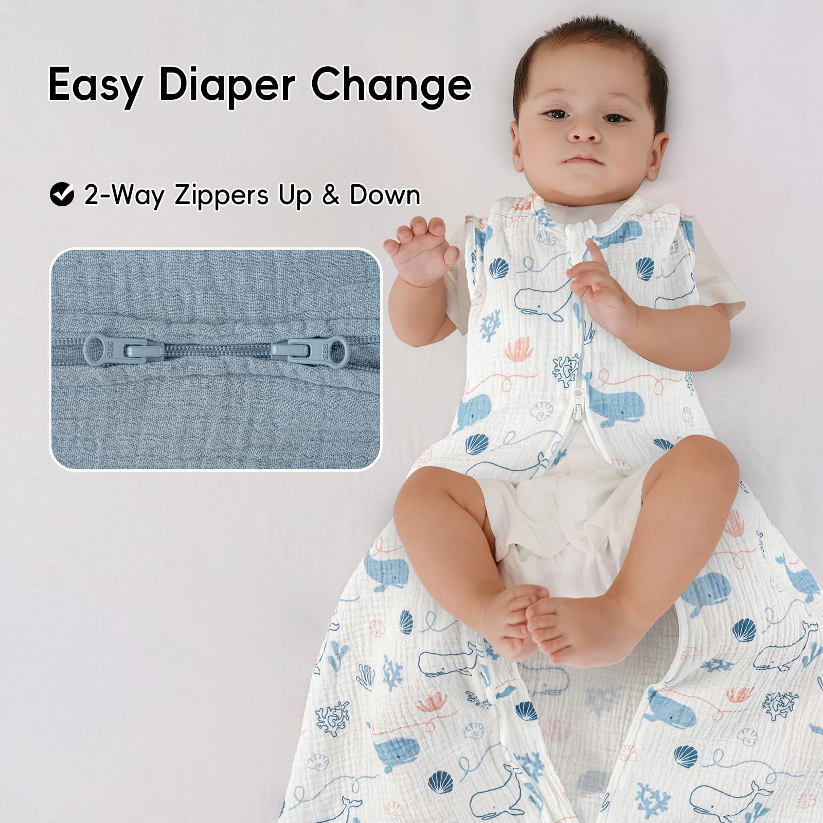 David's Kids two-way zipper feature with guard supports quick diaper changes.