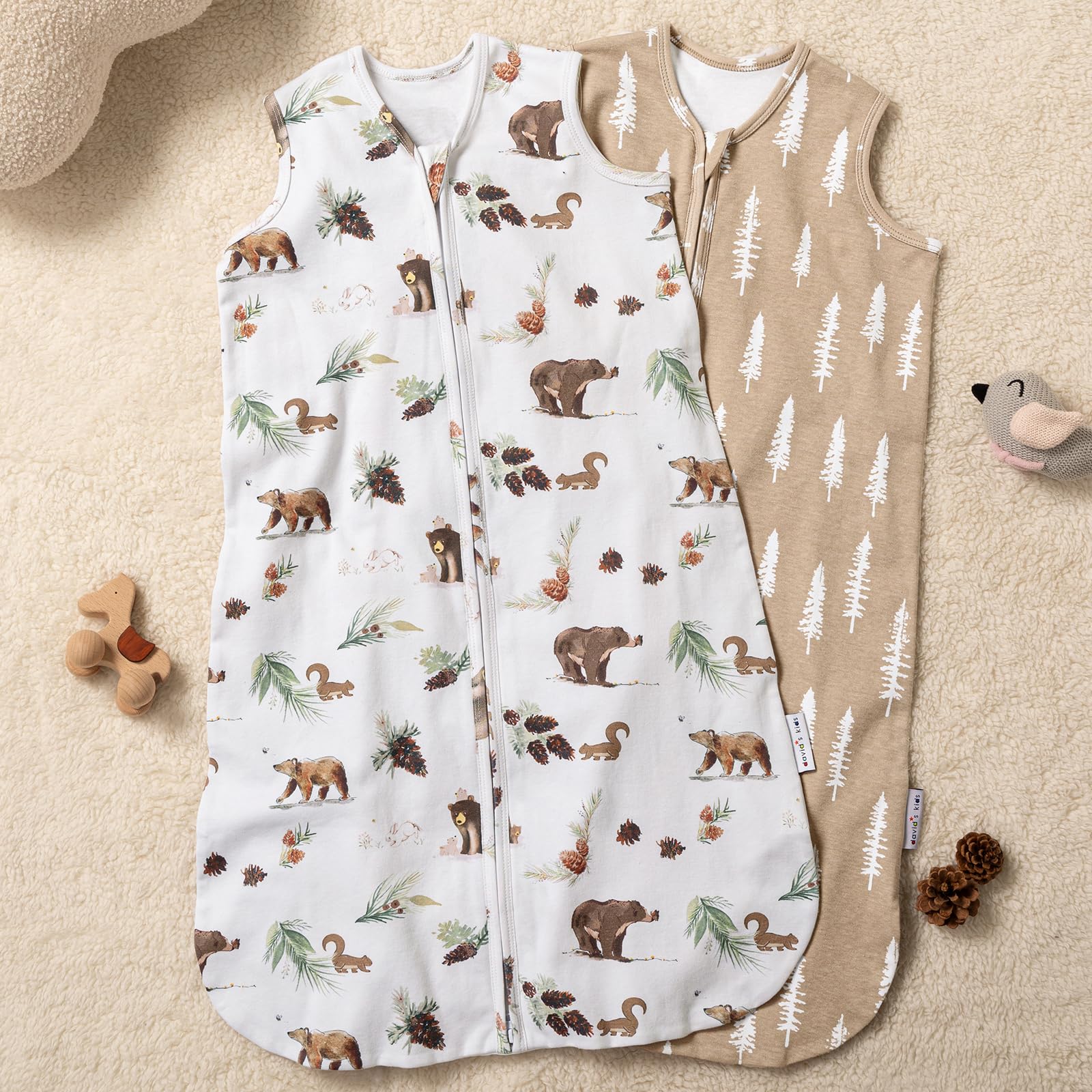 David's Kids Woodland Sleep Sack OEKO-TEX label; skin-friendly certification shown.