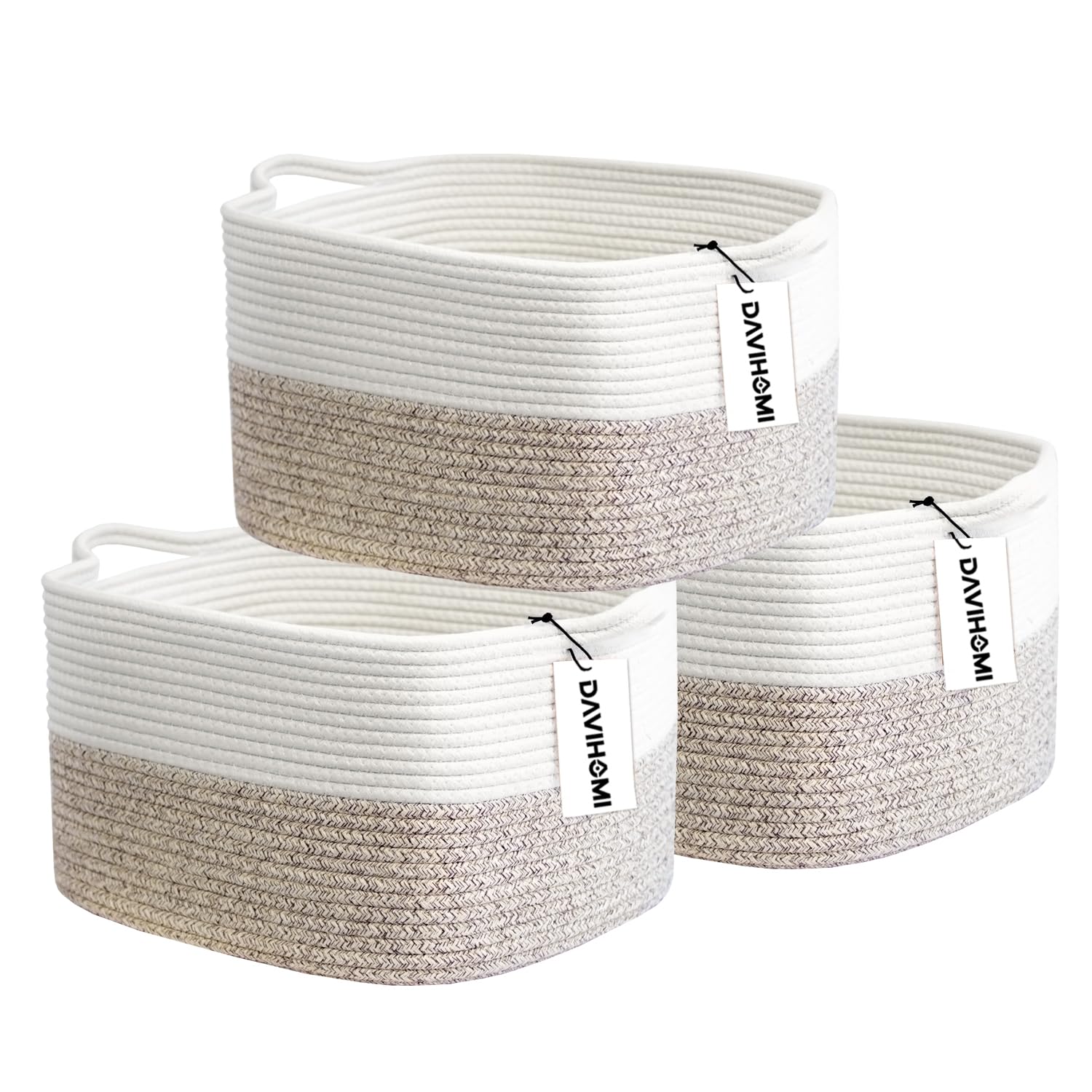 DAVIHOMI 3Pack small woven cotton rope basket with handles for easy transport