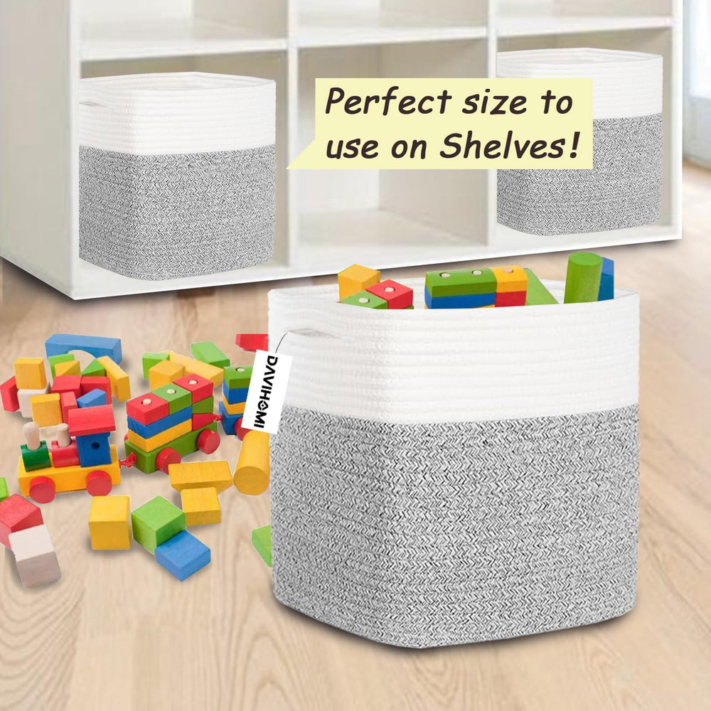 DAVIHOMI cube storage bin 11-inch grey side view, space-saving on compact shelves.