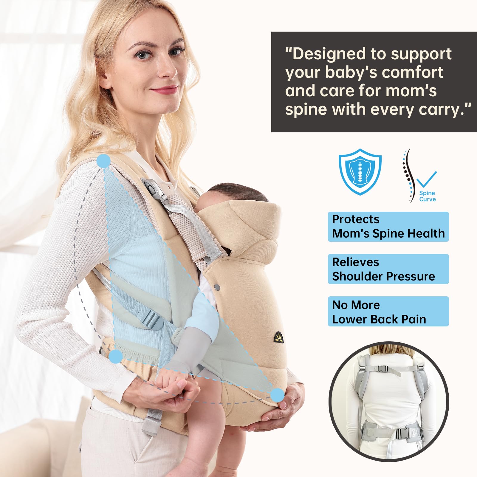 Dawnbud infant facing-in view in beige carrier
