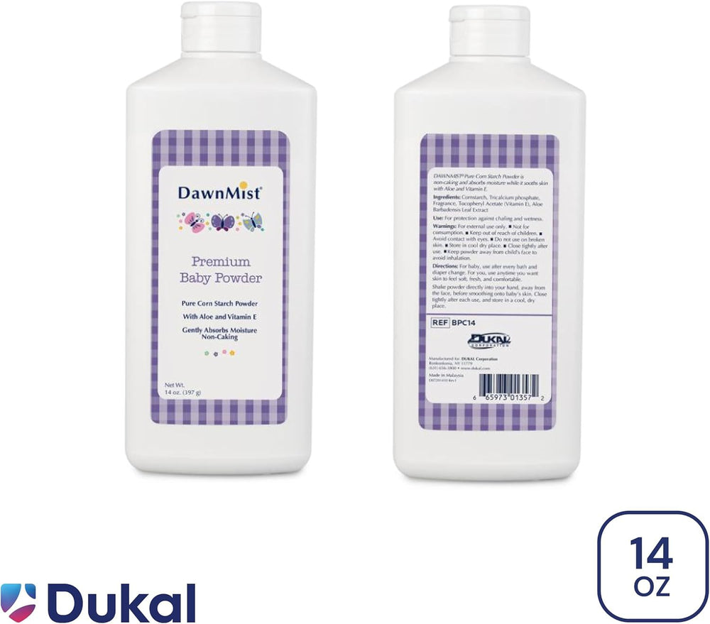 DawnMist talc-free cornstarch powder emphasizes safe, gentle absorption for delicate skin.